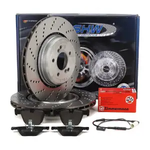 SHW Bremsscheiben + ZIMMERMANN Bel&auml;ge + Sensor f&uuml;r BMW 5er E60 M5 6er E63 E64 M6 hinten