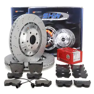 SHW Bremsscheiben + ZIMMERMANN Bremsbel&auml;ge + Sensor f&uuml;r AUDI RS4 B8 RS5 8T 8F R8 vorne