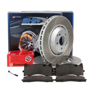 SHW Bremsscheiben + ZIMMERMANN Beläge + Sensor für MERCEDES AMGT GT/C/R/S C/R190 vorne