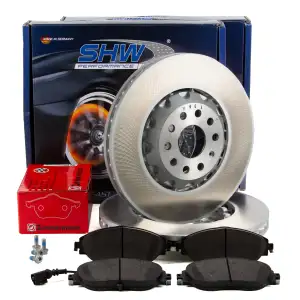 SHW Bremsscheiben + ZIMMERMANN Bel&auml;ge + Sensor f&uuml;r VW Golf 7 8 GTI/R AUDI S3 8V SQ2 vorne