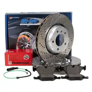 SHW Bremsscheiben + ZIMMERMANNN Bermsbel&auml;ge + Sensor f&uuml;r BMW Z4 E85 E86 3.0si 265 PS vorne