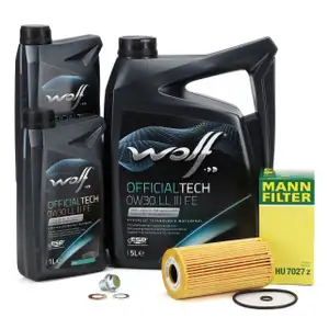 7L WOLF OFFICIALTECH 0W30 LL 3 FE Motor&ouml;l + MANN &Ouml;lfilter f&uuml;r HYUNDAI KIA 2.0/2.2 CRDi