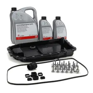 Getriebe&ouml;lwanne + 7L febi Getriebe&ouml;l f&uuml;r BMW E81-88 E90-93 E39 E60/61 E63 X1-6 6HP19 6HP21