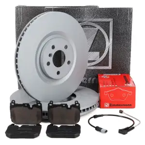 ZIMMERMANN Brake Discs + Brake Pads + Sensor for BMW 1 Series F40 X2 with M Sport Brakes (Front)