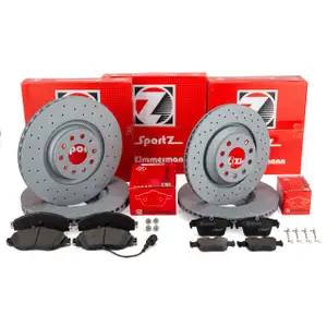 Zimmermann SPORT Bremsscheiben + Bremsbeläge + Sensor für VW 8 GTI GTE GTD vorne + hinten