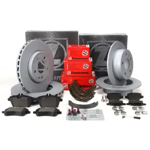 ZIMMERMANN Bremsscheiben + Bremsbel&auml;ge + Sensor + Backen f&uuml;r MERCEDES W169 vorne + hinten