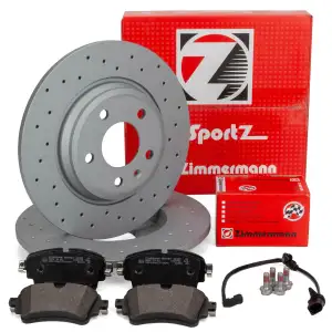 Zimmermann SPORT Brake Discs + Brake Pads + Sensor for AUDI A4 8W B9 A5 F5 (Rear)