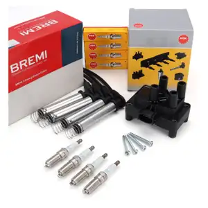 NGK Z&uuml;ndspule + BREMI Kabelsatz + 4x Z&uuml;ndkerze f&uuml;r FORD Fiesta 5 1.3 60/69 PS ab 08.2002