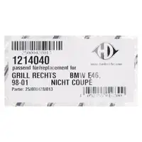 DIEDERICHS K&uuml;hlergitter f&uuml;r BMW 3er E46 bis Bj.08.2001 vorne rechts schwarz 51138208488