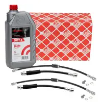 4x febi Bremsschlauch + 1L BREMBO DOT 4 f&uuml;r VW Golf 5 6 A3 8P Octavia 2 vorne + hinten