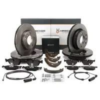 HIRSCHER Bremsscheiben + Bel&auml;ge + Sensor + Bremsbacken f&uuml;r BMW 3er 316-323i vorne + hinten