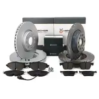 HIRSCHER Bremsscheiben + Bel&auml;ge + Sensor f&uuml;r VW Golf 7 Passat B8 Tiguan 8V vorne + hinten