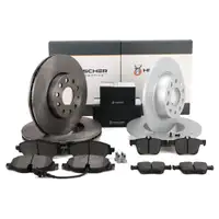 HIRSCHER Bremsscheiben + Bel&auml;ge + Sensor f&uuml;r VW Golf 7 A3 8V Leon 5F Karoq vorne + hinten