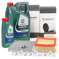 HIRSCHER Filter Set: 3 Original Spark Plugs and 6L CASTROL 5W20 Engine Oil for FORD 6 1.0 EcoBoost