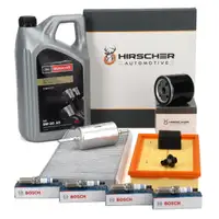 HIRSCHER Filterset 4-tlg + 4x BOSCH Z&uuml;ndkerze + 5L ORIGINAL 5W30 f&uuml;r FORD Focus 1 1.4 16V