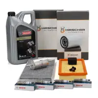 HIRSCHER Filterset 4-tlg + 4x BOSCH Z&uuml;ndkerze + 5L ORIGINAL 5W30 f&uuml;r FORD Focus 1 1.8-2.0