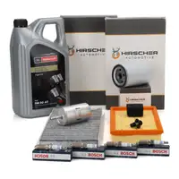 HIRSCHER Filterset 4-tlg + 4x BOSCH Z&uuml;ndkerze + 5L ORIGINAL 5W30 f&uuml;r FORD Focus 1 1.6 16V
