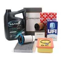 HIRSCHER Filterset 4-tlg + 5L WOLF 0W20 LS-FE Motor&ouml;l f&uuml;r FIAT 500L 1.6 D Multijet