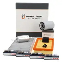 HIRSCHER Filterset 4-tlg + 4x BOSCH Z&uuml;ndkerze f&uuml;r FORD Focus 1 1.6 16V 100 PS ab 11.2004