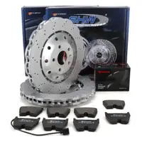 SHW Bremsscheiben + BREMBO Bremsbel&auml;ge + Sensor f&uuml;r AUDI RSQ3 8U PR-1LA/1ZT vorne