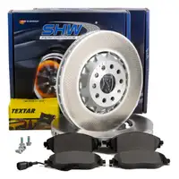 SHW Bremsscheiben + TEXTAR Bremsbel&auml;ge + Sensor f&uuml;r VW Golf 7 GTE Passat B7 B8 T-Roc vorne