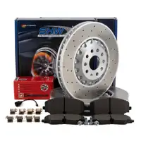 SHW Brake Discs + ZIMMERMAN Brake Pads + Sensor for VW Golf 8 GTI/R and Audi S3 8Y (front)