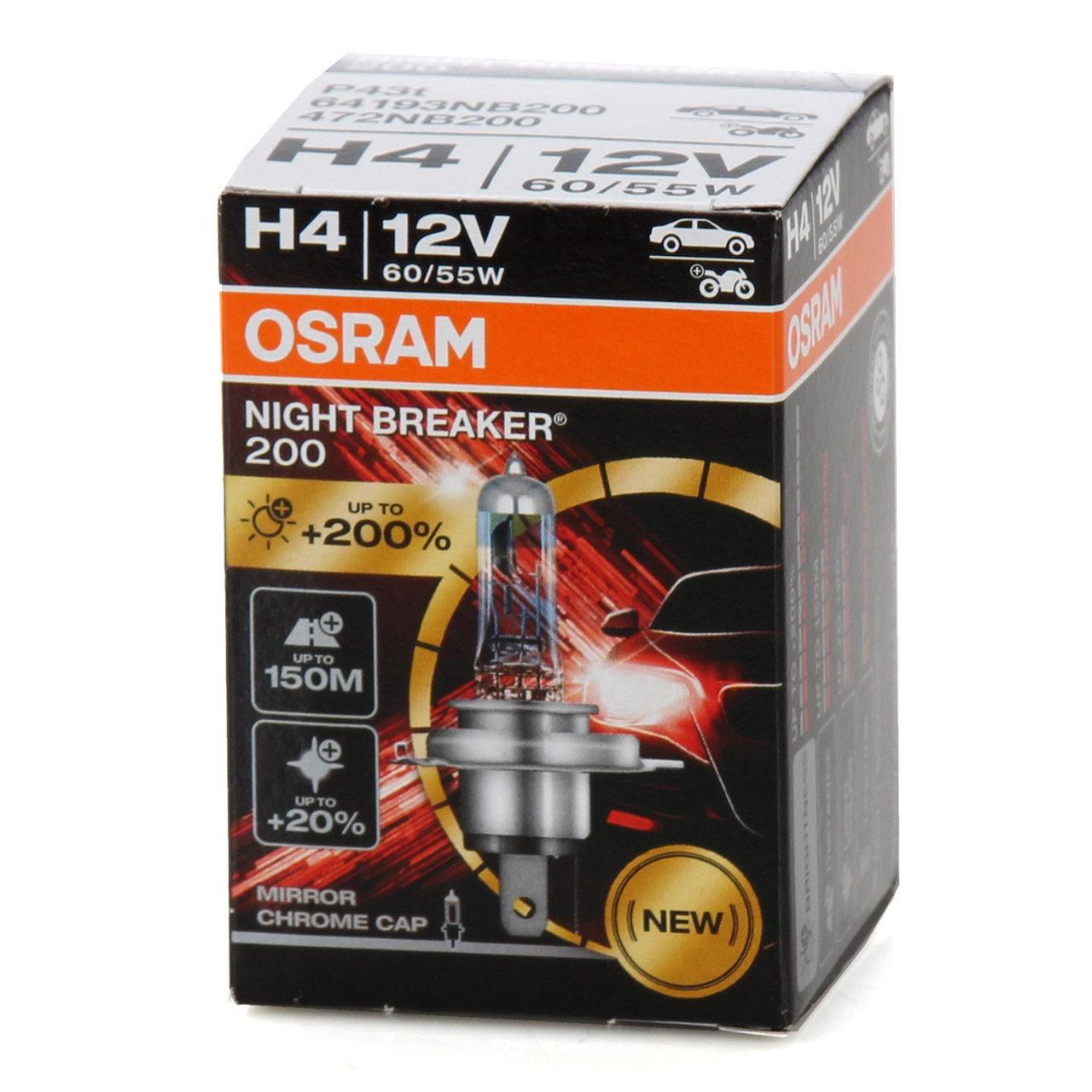 OSRAM Glühlampe H4 NIGHT BREAKER 200 12V 60/55W P43t +200% 64193NB200
