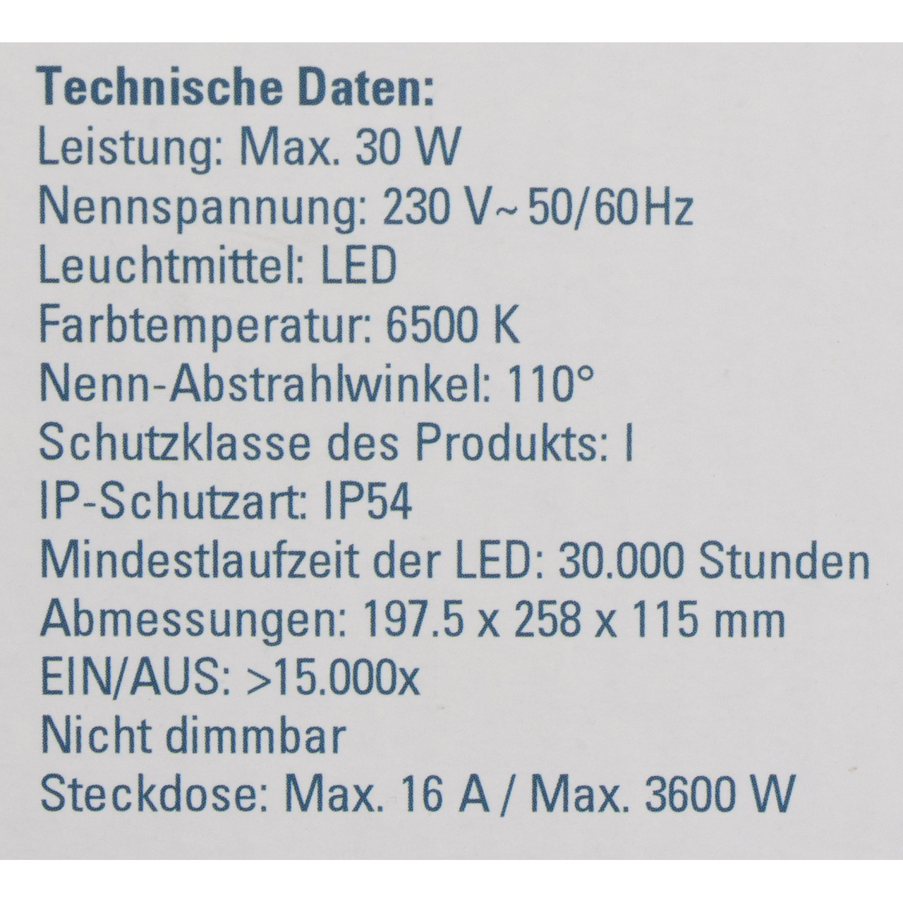UNITEC 30274 LED Arbeitsstrahler Arbeitsscheinwerfer Baustrahler 6500K 30W IP54 2500 Lumen