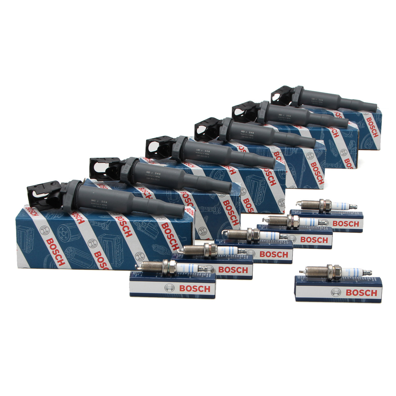 6x BOSCH ignition coils + 6x BOSCH spark plugs for BMW E87 3 Series, E90, E91, 5 Series, E60, E61, E63, E64, N52