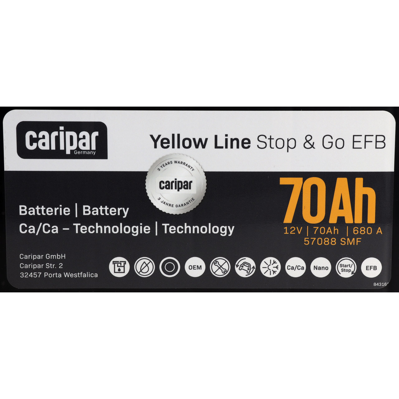 CARIPAR YELLOW LINE Start Stop EFB Autobatterie Starterbatterie 12V 70Ah 680A/EN B13