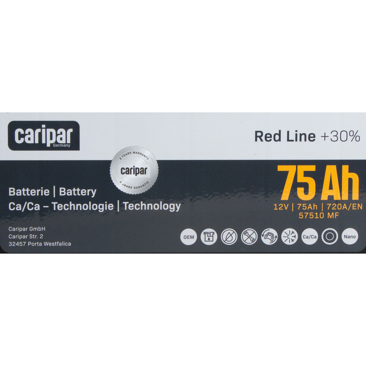 CARIPAR RED LINE +30% PKW KFZ Autobatterie Starterbatterie 12V 75Ah 720A/EN B13