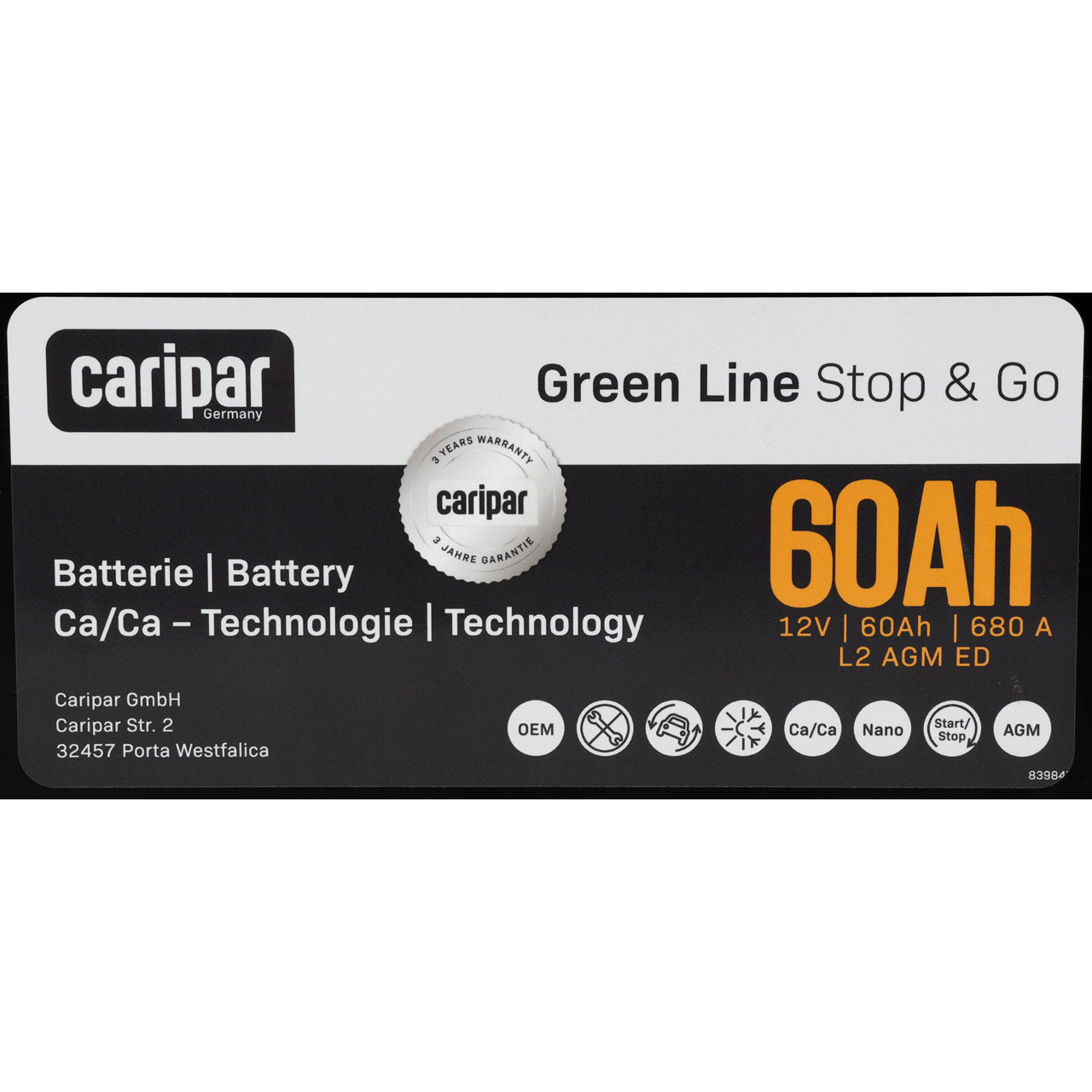 CARIPAR GREEN LINE AGM START STOP Autobatterie Starterbatterie 12V 60Ah 680A/EN B13