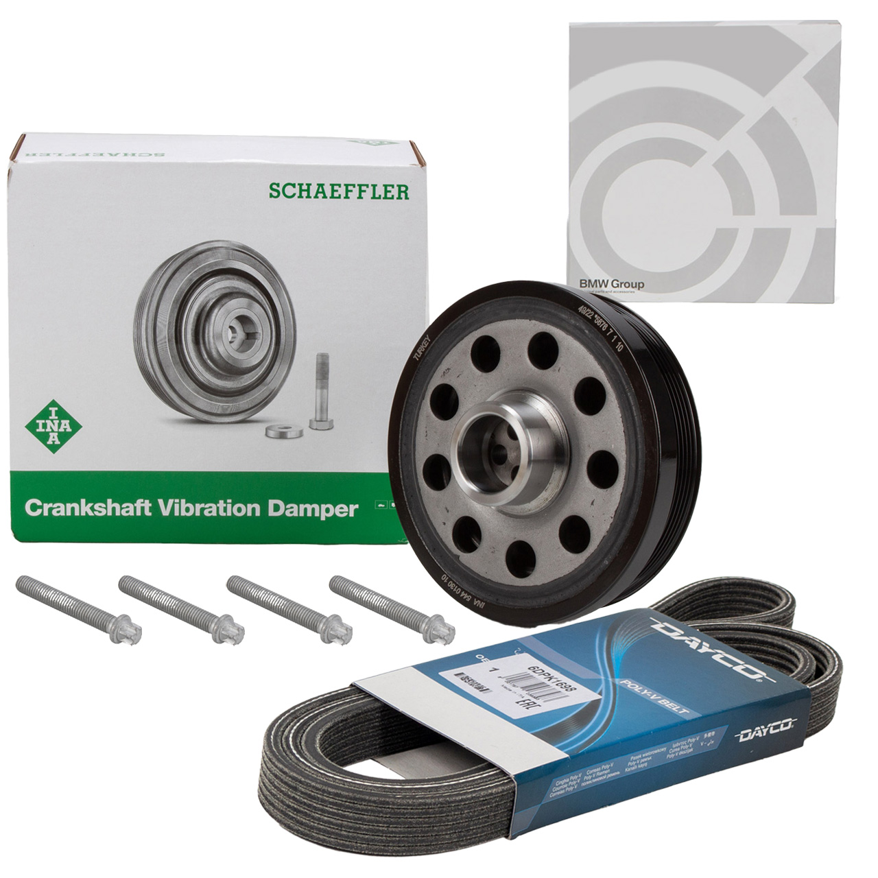DAYCO Keilrippenriemen + INA Riemenscheibe + Schrauben f&uuml;r BMW 1er E81-88 3er E90-93 N47