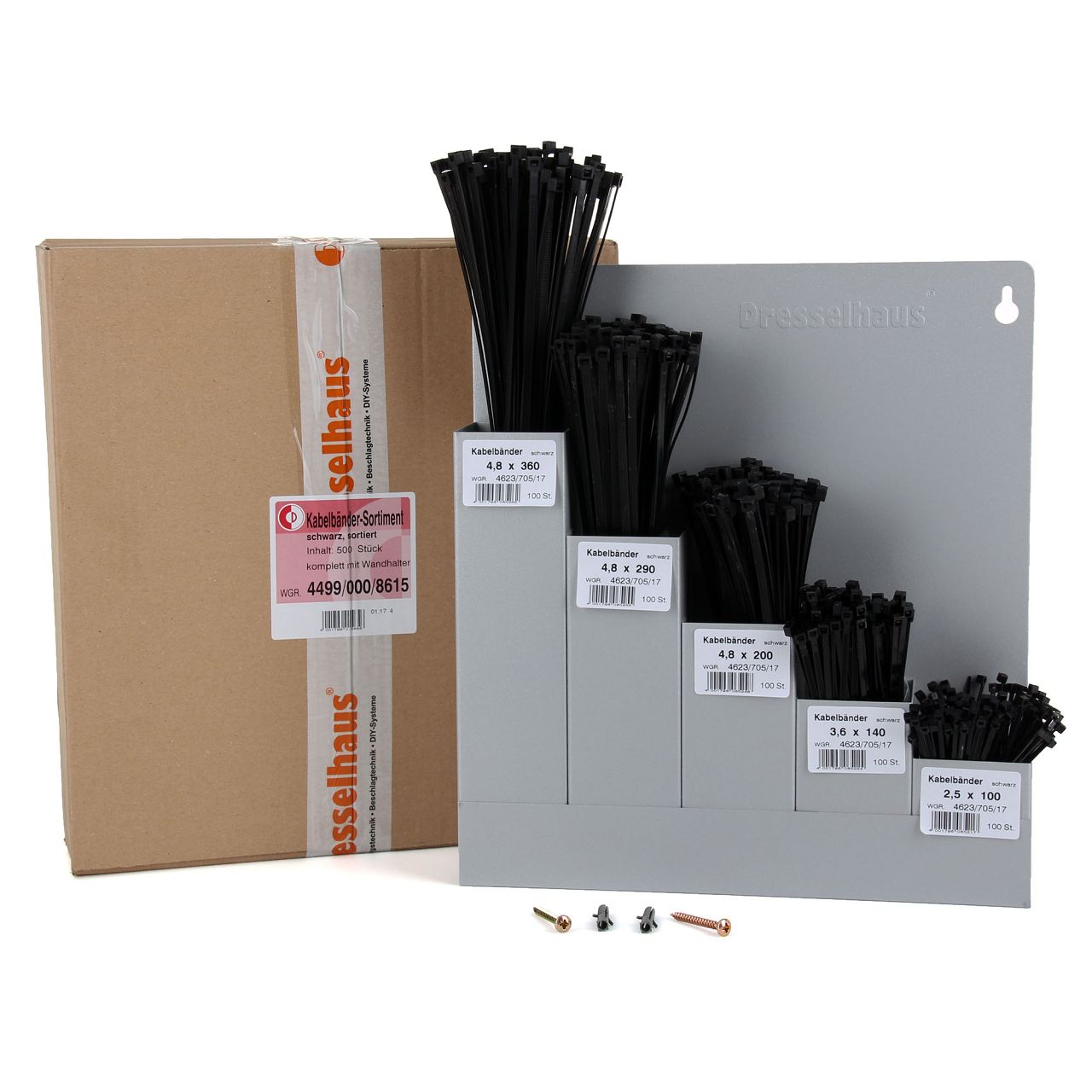 500x DRESSELHAUS Kabelbinder Kabelband Wandhalter Halter Sortiment Box gefüllt Set schwarz