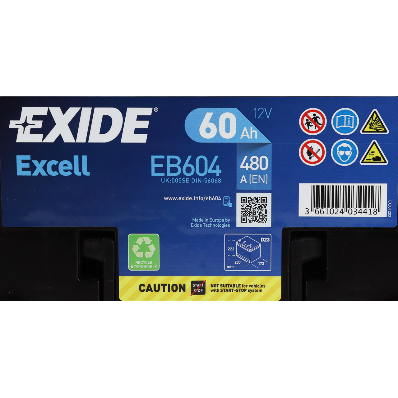 EXIDE EB604 EXCELL Autobatterie Batterie Starterbatterie 12V 60Ah EN480A B01