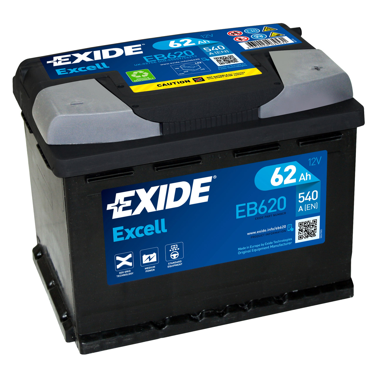 EXIDE EB620 EXCELL Autobatterie Batterie Starterbatterie 12V 62Ah EN540A