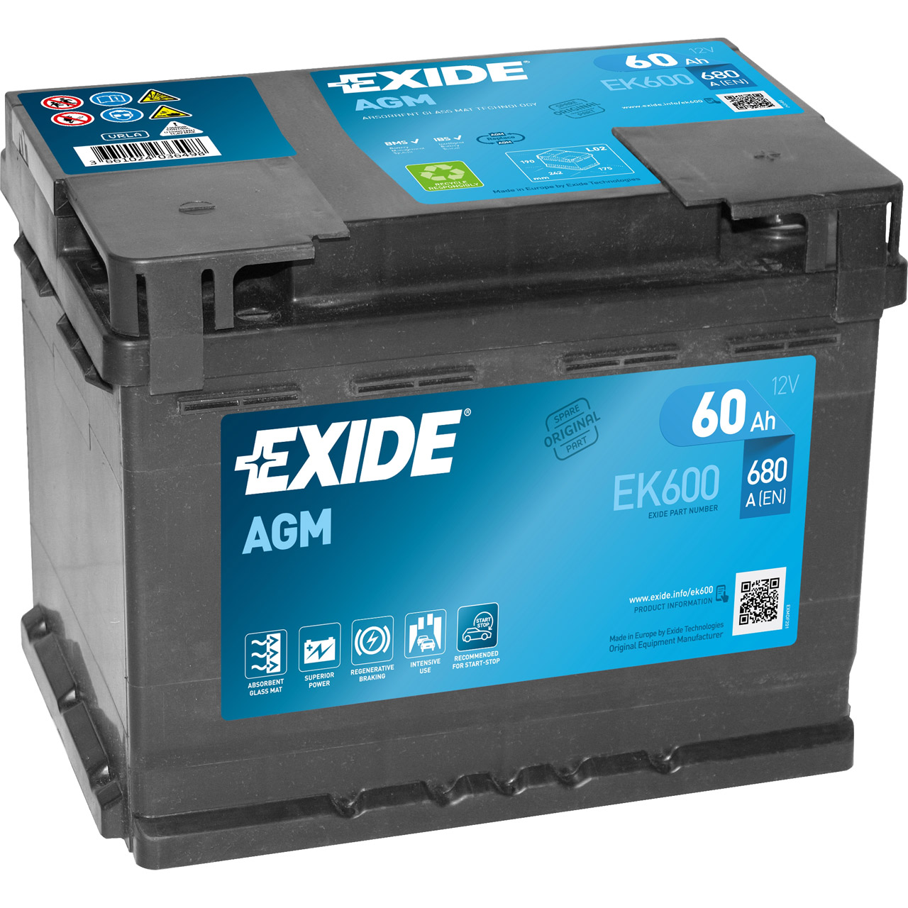 EXIDE EK600 AGM START-STOP Autobatterie Batterie Starterbatterie 12V 60Ah EN680A