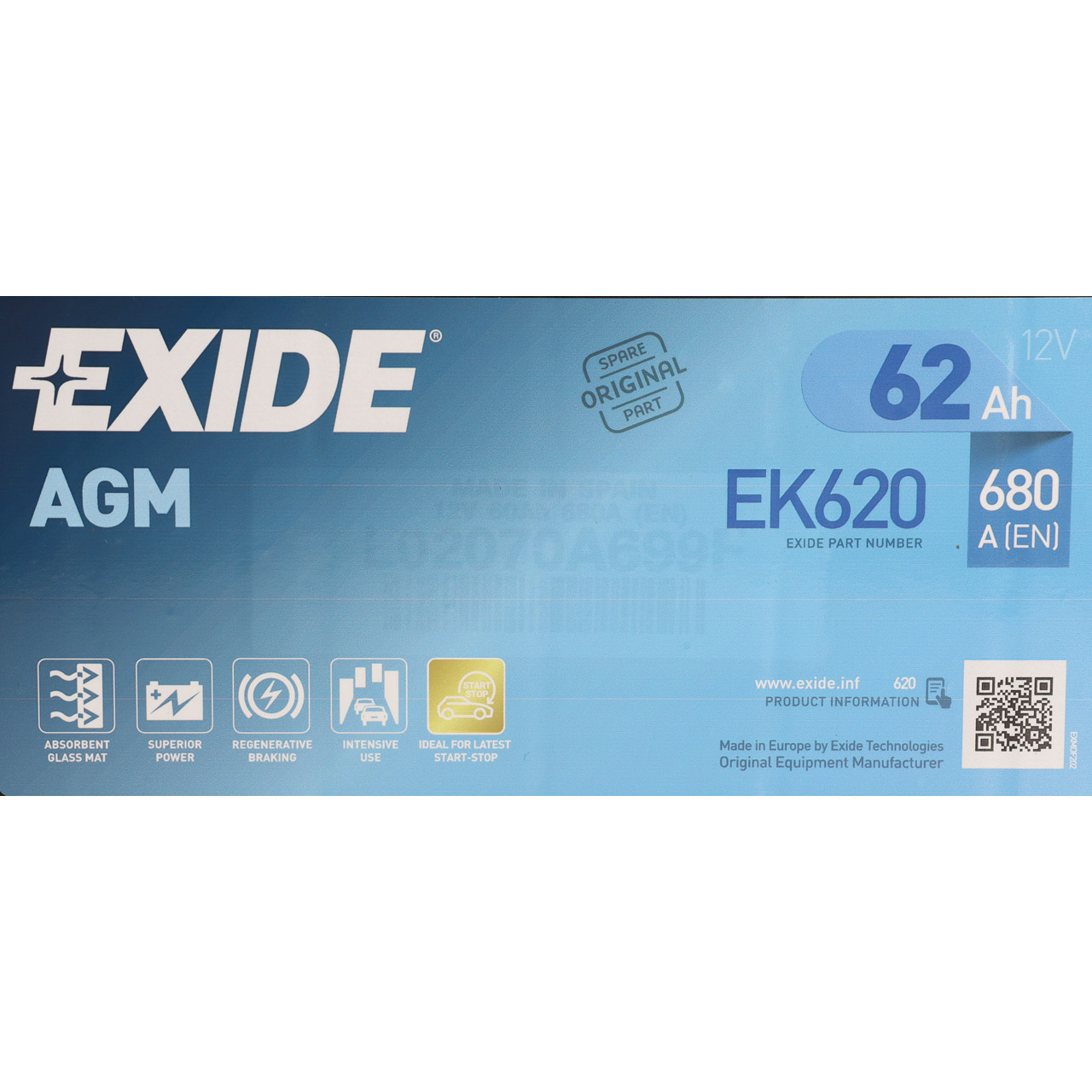 EXIDE EK620 AGM START-STOP Autobatterie Batterie Starterbatterie 12V 62Ah EN680A