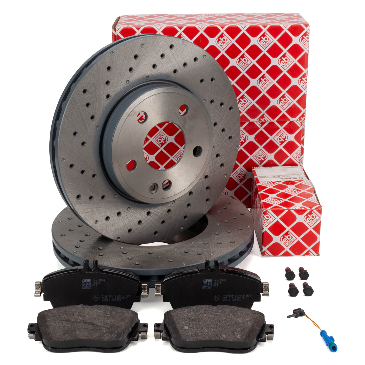 febi Brake Discs + Pads + Sensor for MERCEDES W176 W246 C/X117 with Sport Package (front)