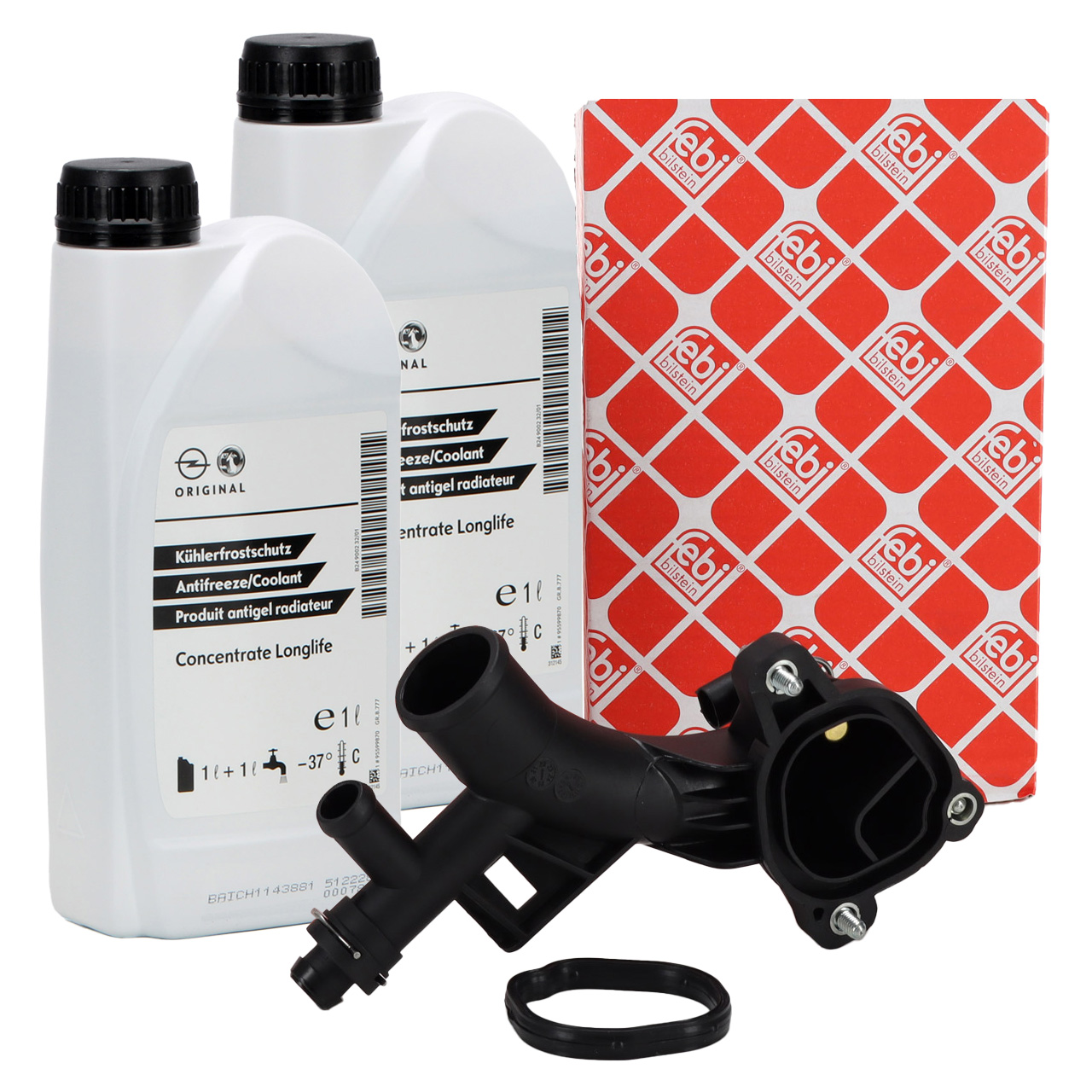 FEBI Wasserflansch + 2L ORIGINAL Kühlerfrostschutz DEX-COOL für OPEL 1.4 Turbo