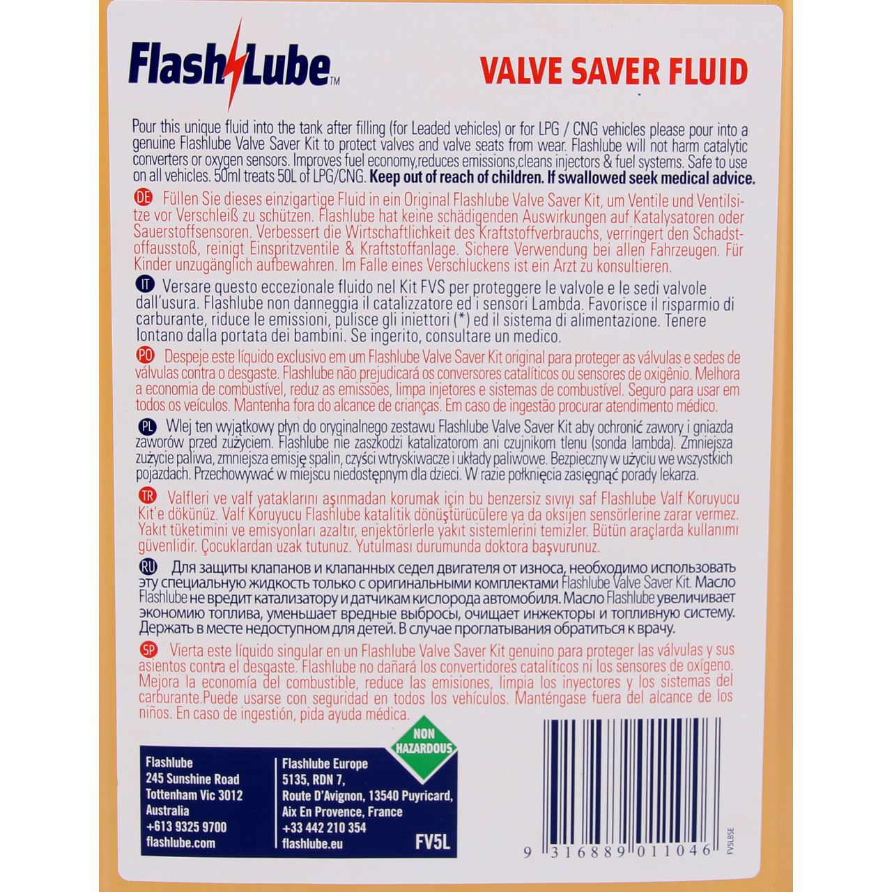 FLASHLUBE Kraftstoffadditiv LPG Autogas VALVE SAVER FLUID FV5L Kanister 5L Liter