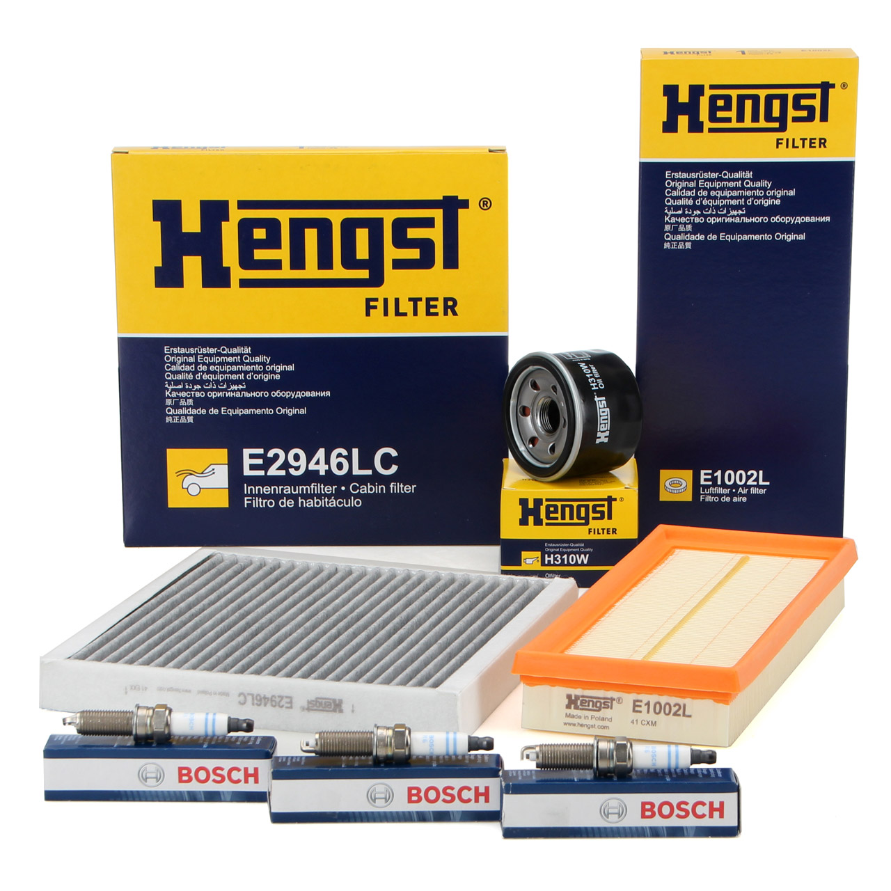 HENGST Filter Set + 3x BOSCH Spark Plugs for SMART ForTwo 451 1.0 61&ndash;120 hp