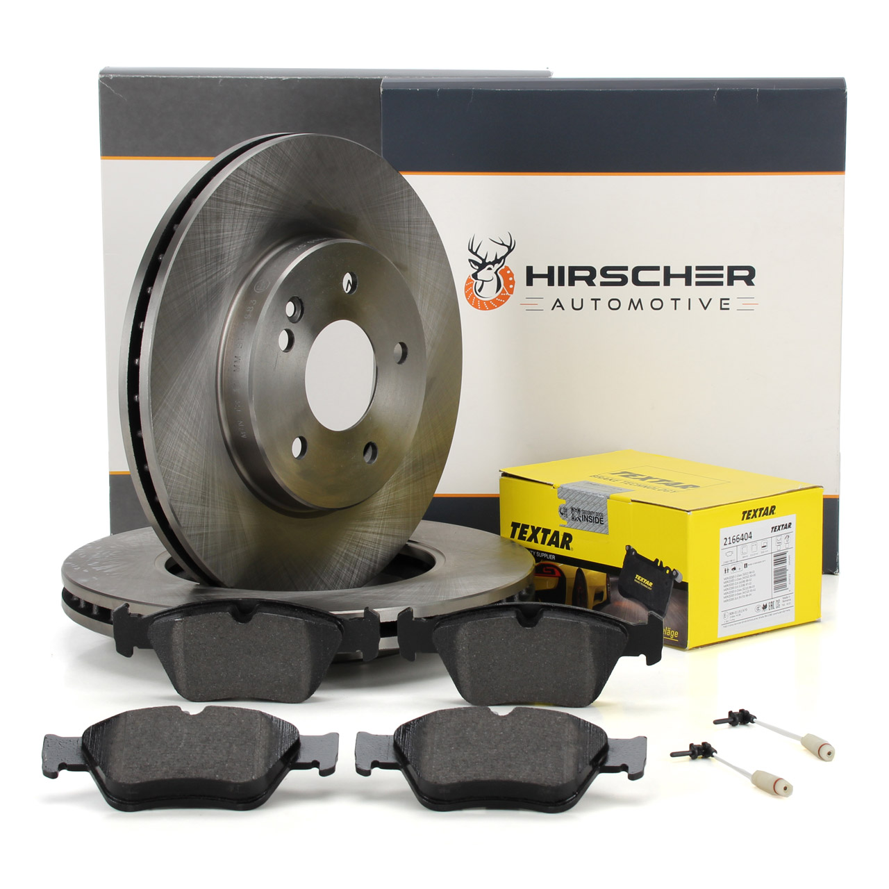 HIRSCHER Bremsscheiben + TEXTAR Bremsbeläge + Sensor MERCEDES W202 W210 R170 vorne