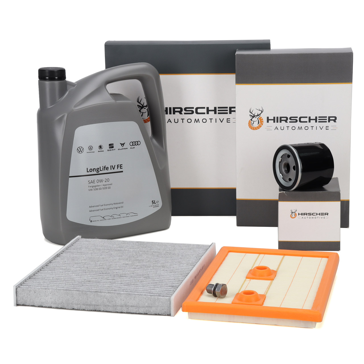 HIRSCHER Filterset + 5L ORIGINAL 0W20 Motor&ouml;l f&uuml;r VW Golf 7 Passat B8 A3 8V Q2 1.2/1.4 TSI