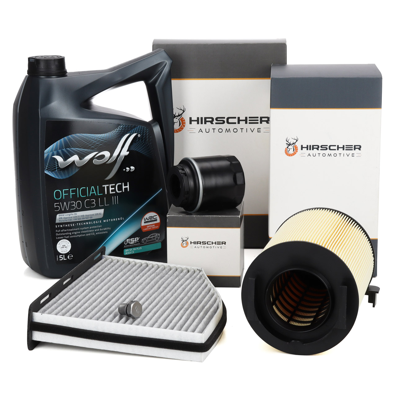 HIRSCHER Filterset + 5L WOLF 5W30 C3 LL 3 Motoröl für VW Golf 6 8P Octavia 2 1.2/1.4 TSI