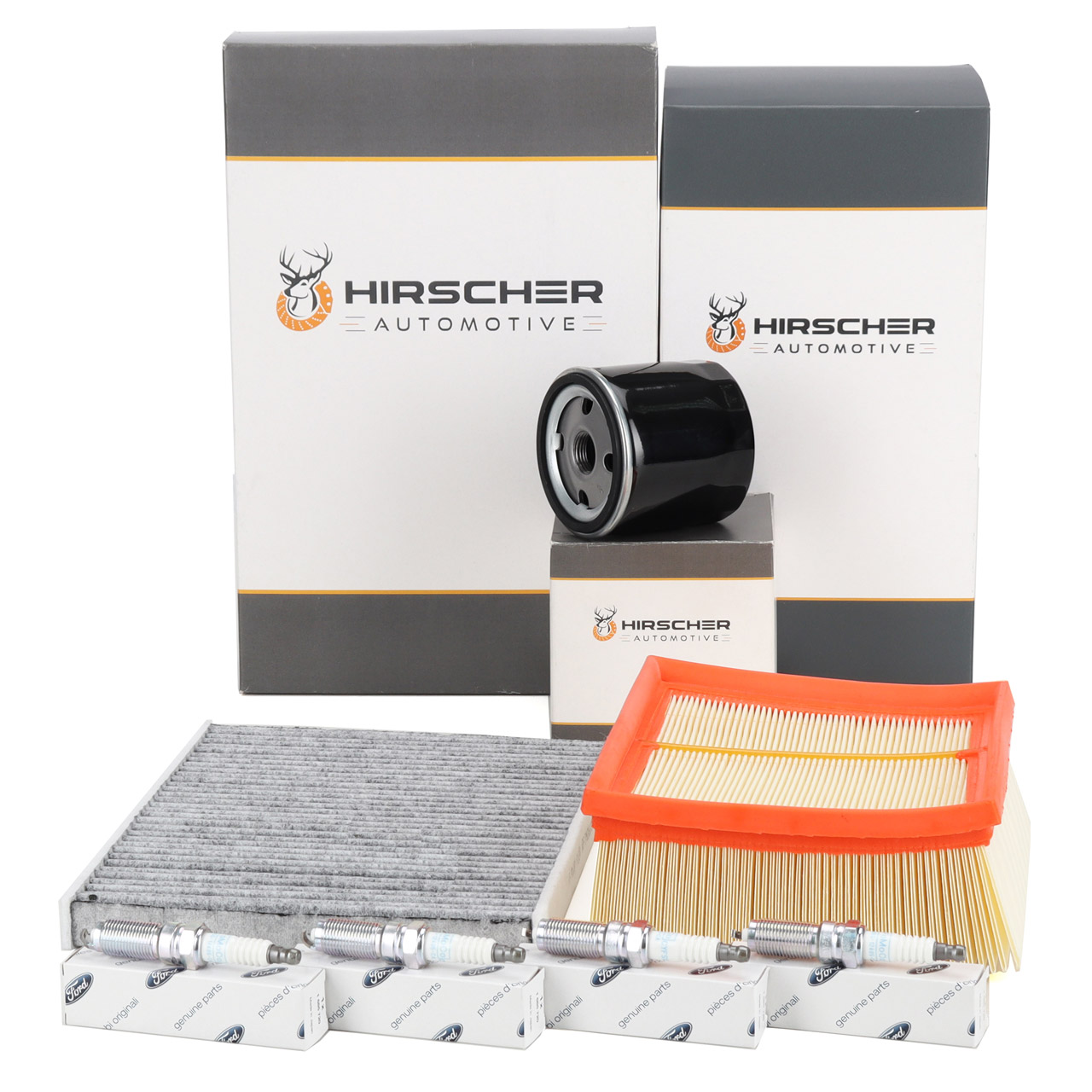 HIRSCHER Filterset + 4x ORIGINAL Zündkerze FORD Fiesta 6 MK6 1.6 ST / ST200 182/200 PS