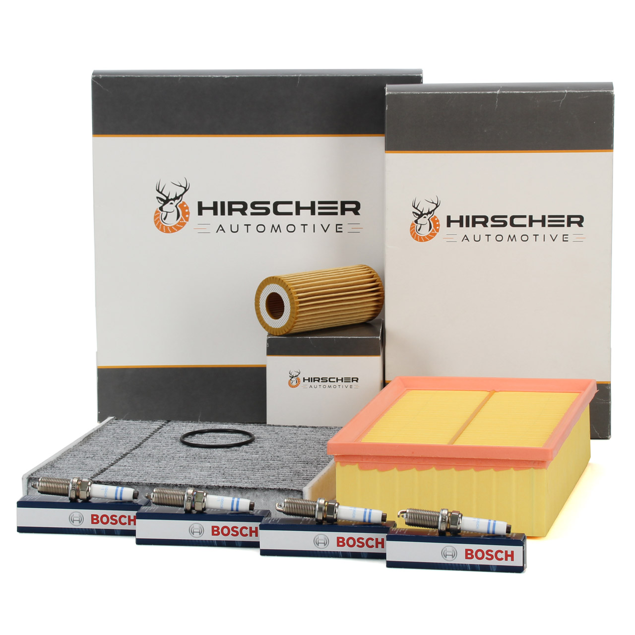 HIRSCHER Filterset + 4x BOSCH Zündkerze VW Golf 7 Passat B8 AUDI A3 8V 1.8/2.0 TSI/GTI/R