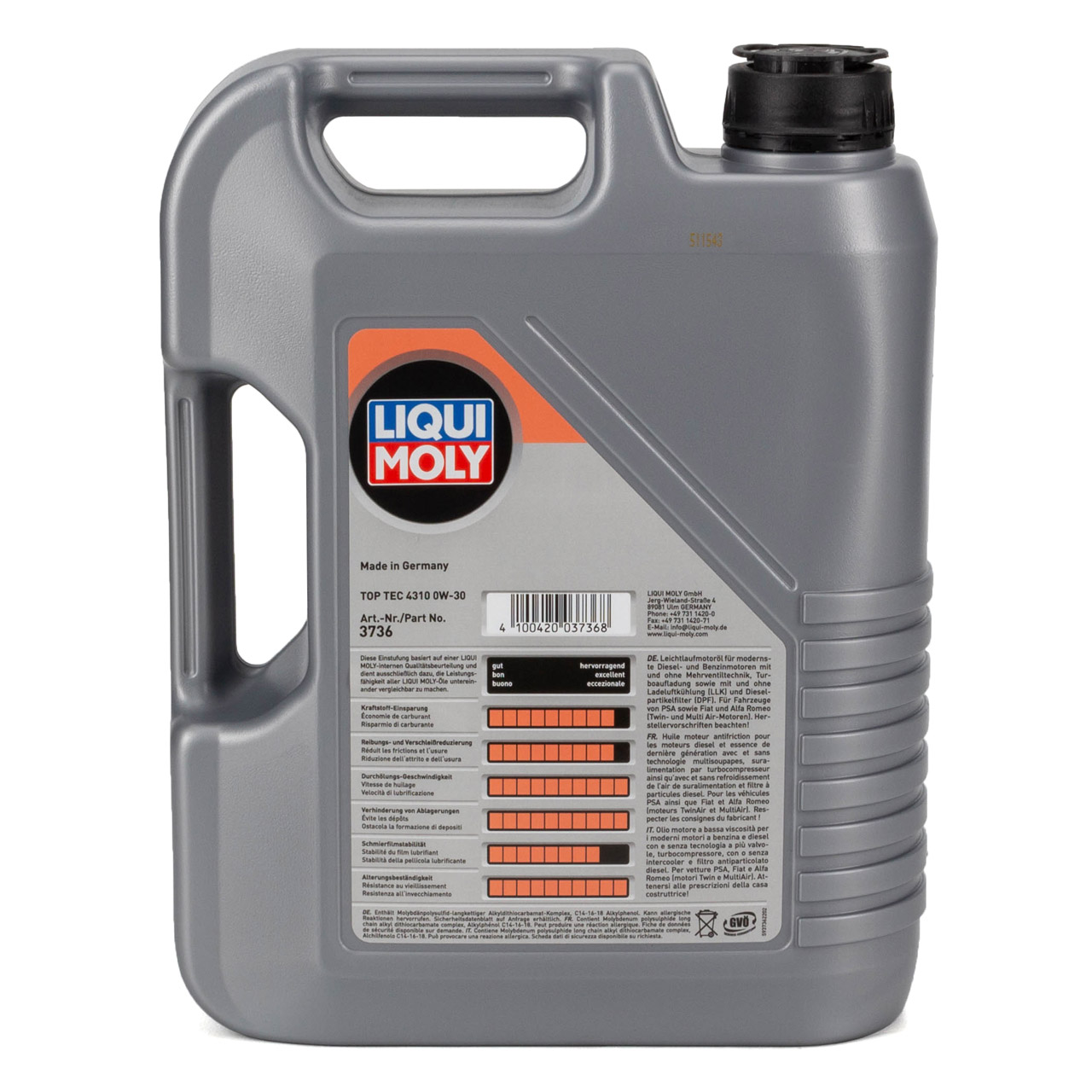 5L 5 Liter LIQUI MOLY TOP TEC 4310 0W-30 Motoröl Öl PSA B71 2312 FIAT 9.55535-DS1/-GS1