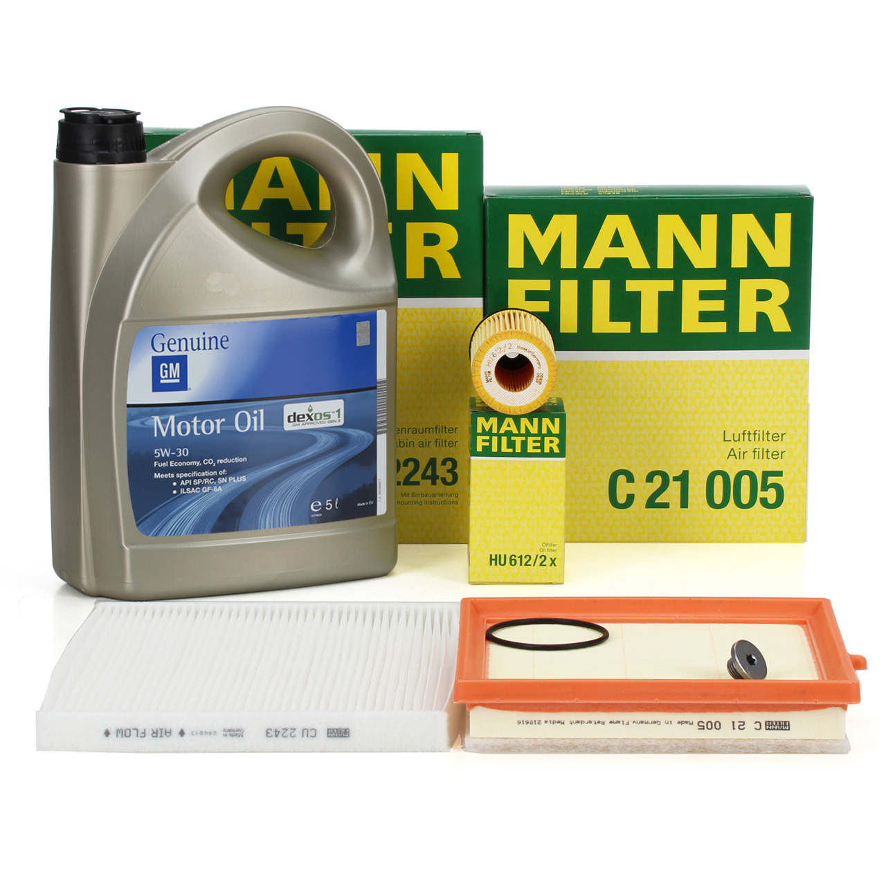 MANN Filterset + 5L ORIGINAL 5W30 dexos1 Gen3 Motor&ouml;l f&uuml;r OPEL Adam M13 1.2 1.4/LPG/S