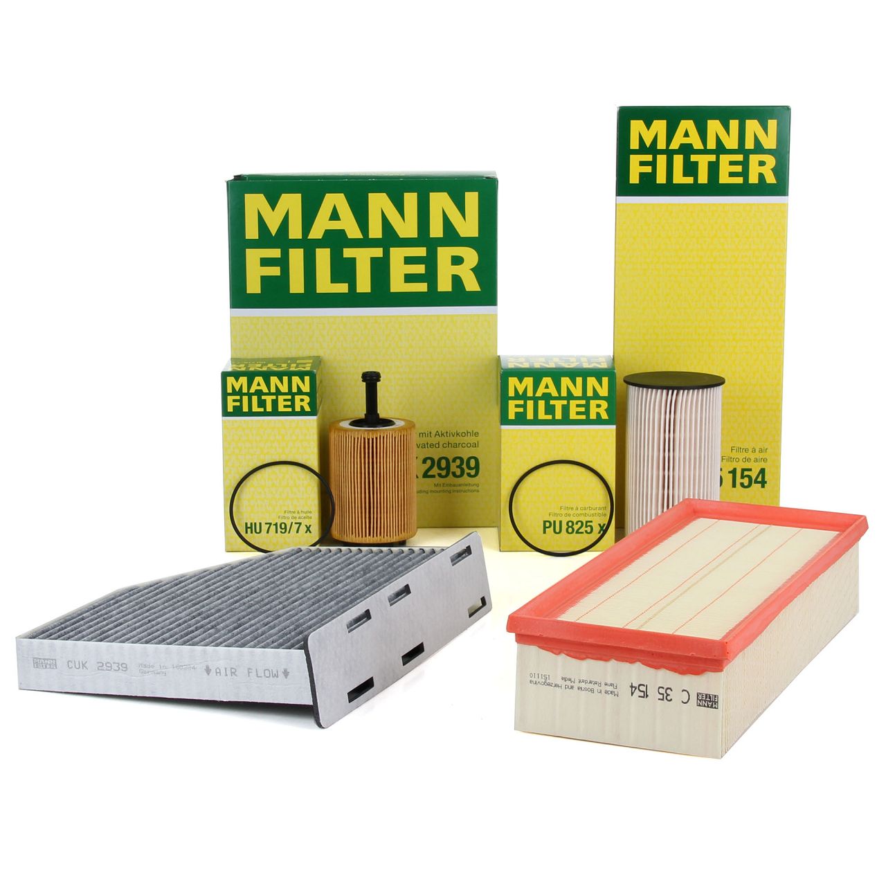 Mann-Filter Service Paket mit 1x Luftfilter C35154 1x Ölfilter HU719//7X 1x Kraftstofffilter PU825X 1x Innenraumfilter CUK2939